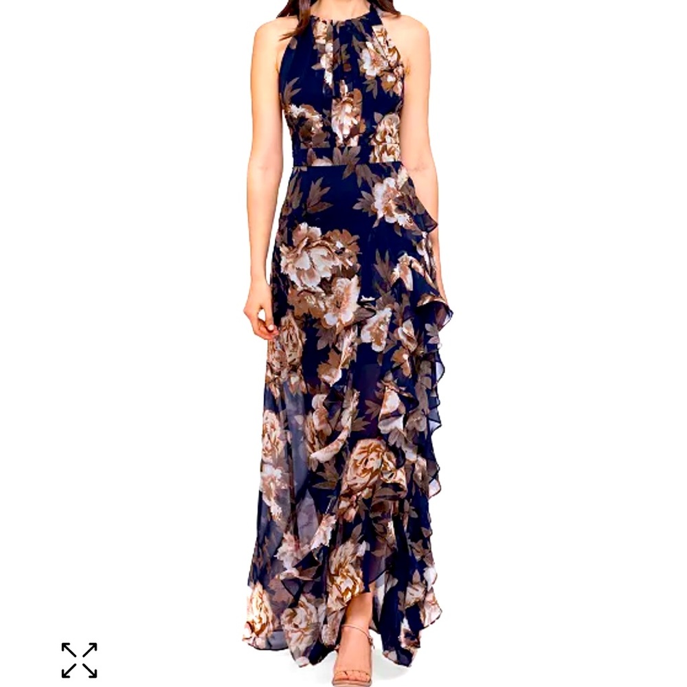 Betsy & Adam Ruffle-Trim Halter Gown